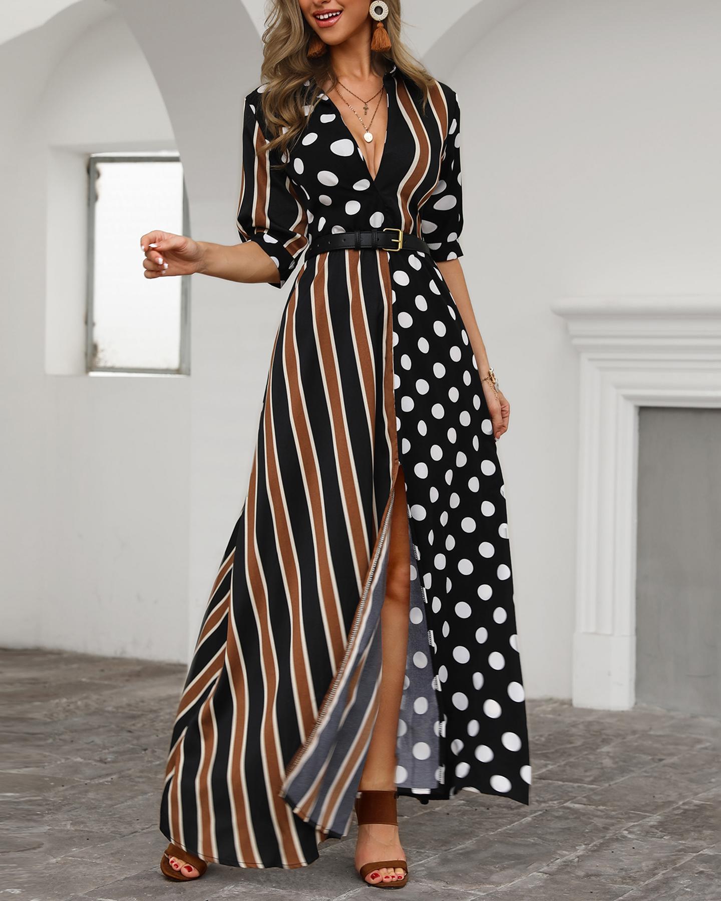 

Polka Dot Striped Print Slit Maxi Dress, Black