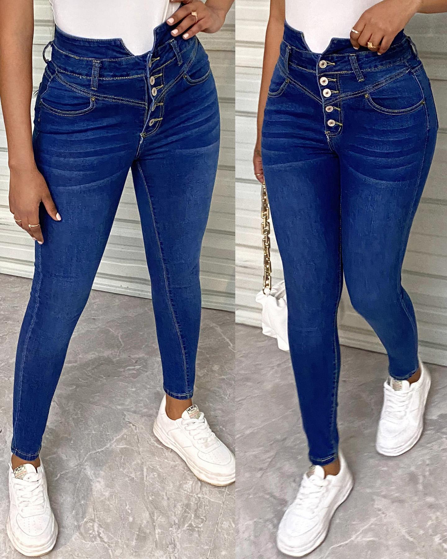 

Solid Color High Waist Skinny Jeans, Dark blue