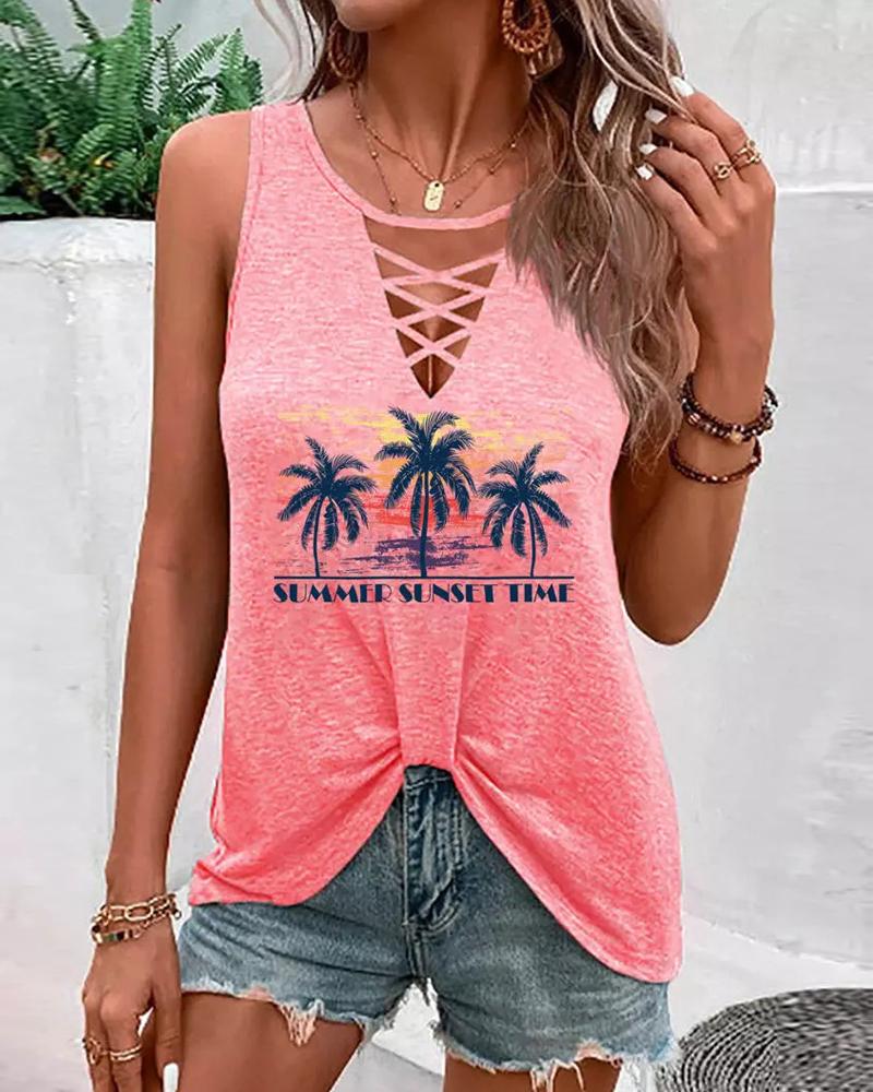 

Coconut Tree Letter Print Cutout Tank Top, Pink