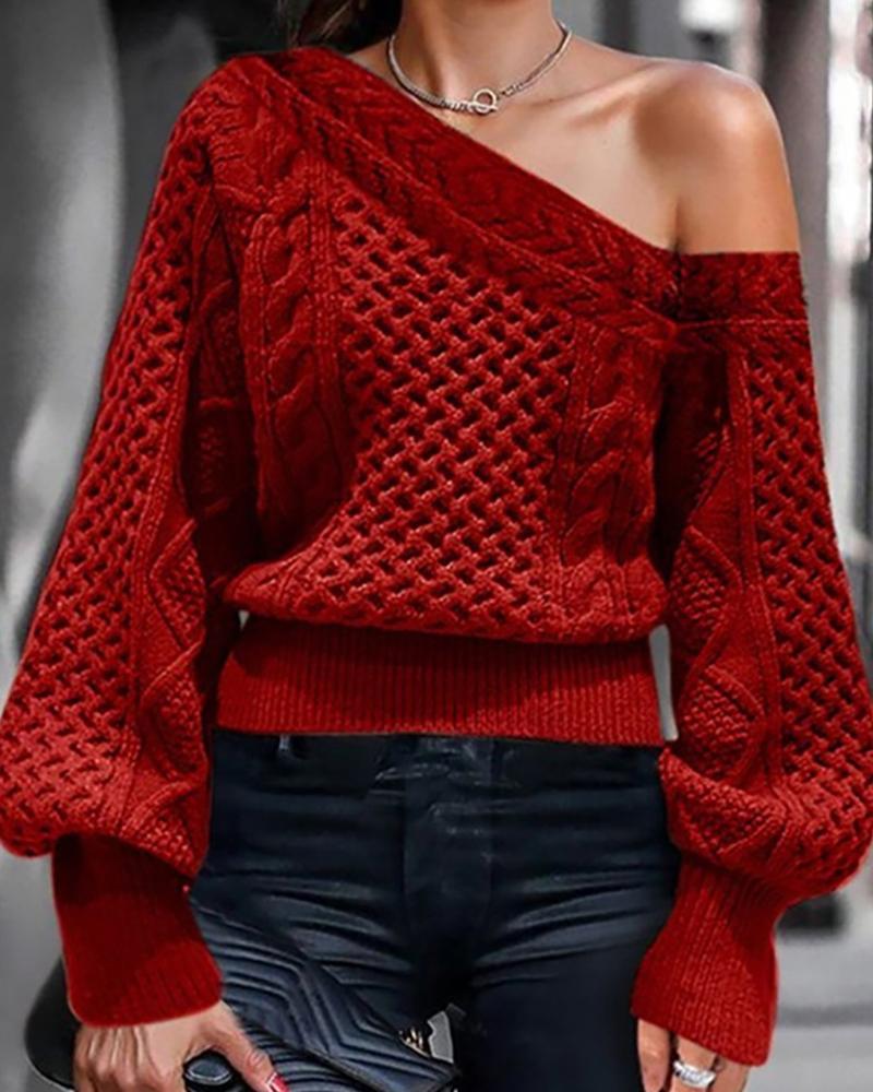 

Plain Cable Knit Lantern Sleeve Knit Sweater, Red