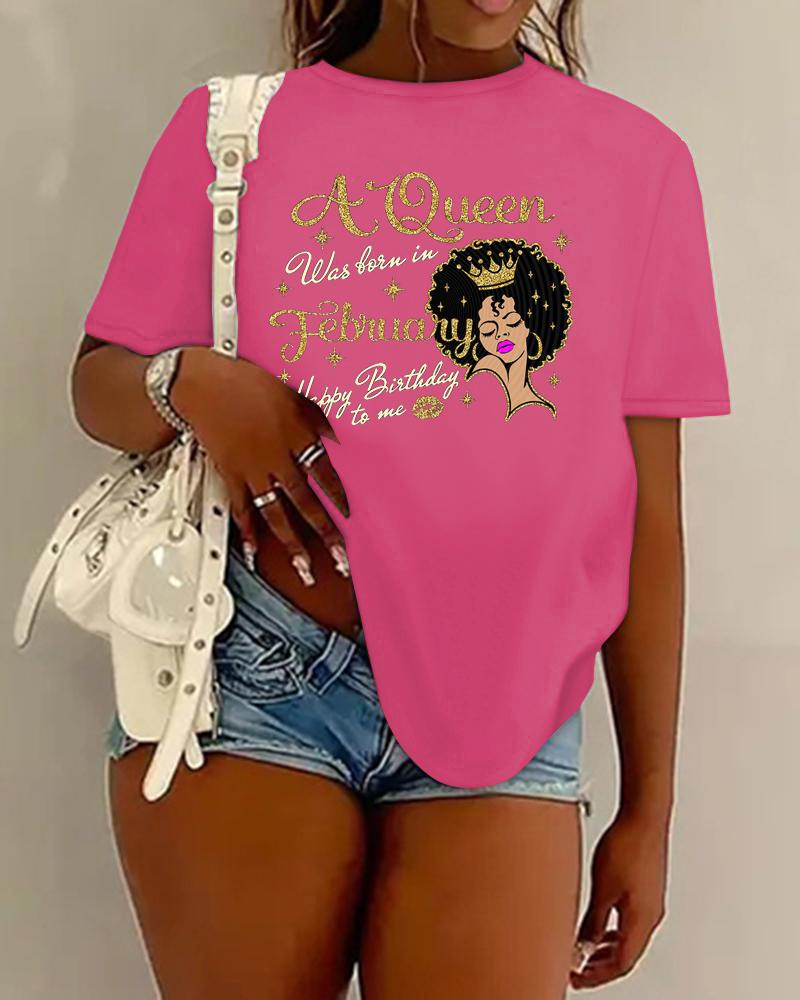 

Figure Happy Birthday Queen Letter Print Casual T-shirt, Hot pink