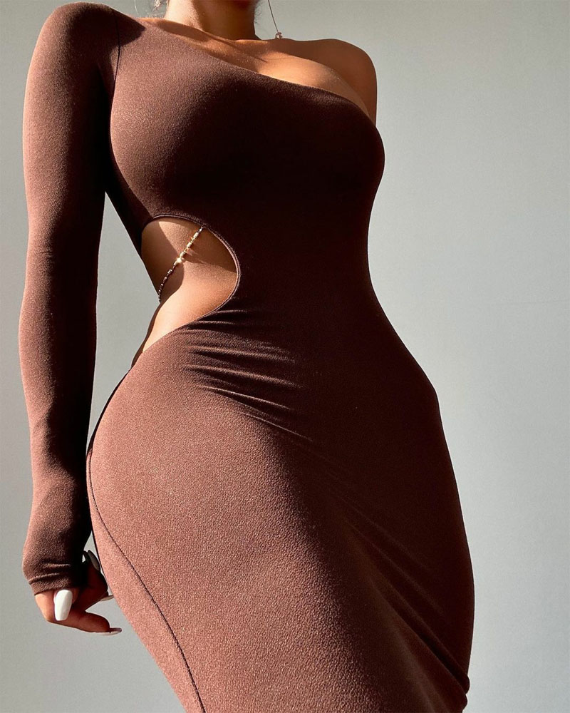

One Shoulder Cutout Skinny Maxi Dress, Brown