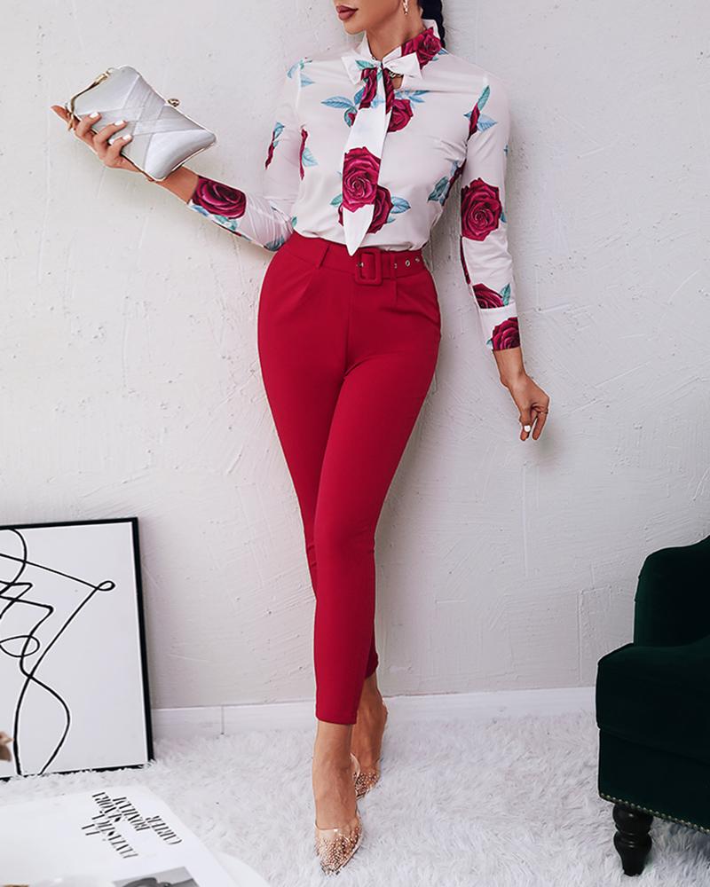 

Tied Detail Floral Print Top & Pocket Design Pants Set, Red