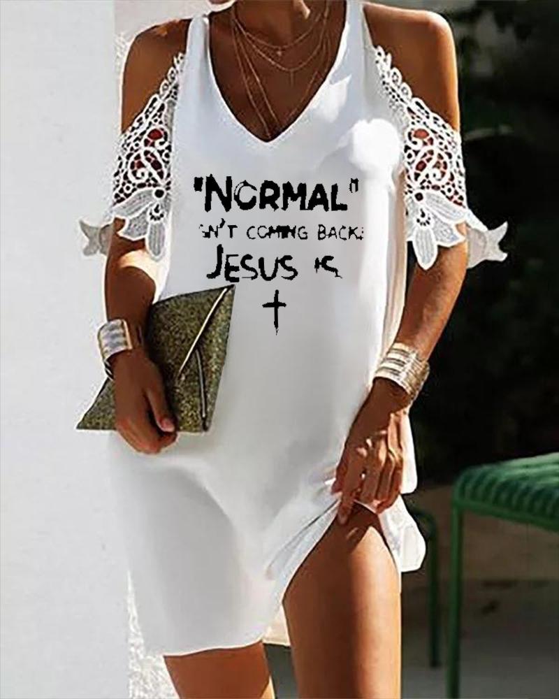 

Letter Print Contrast Lace Cold Shoulder Casual Dress, White