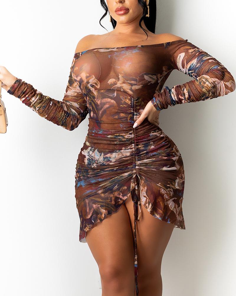 

Angle Print Drawstring Ruched Bodycon Dress, Coffee