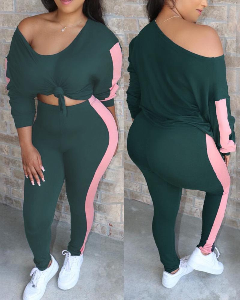

Plus Size Contrast Paneled Casual Top & Pants Set, Green