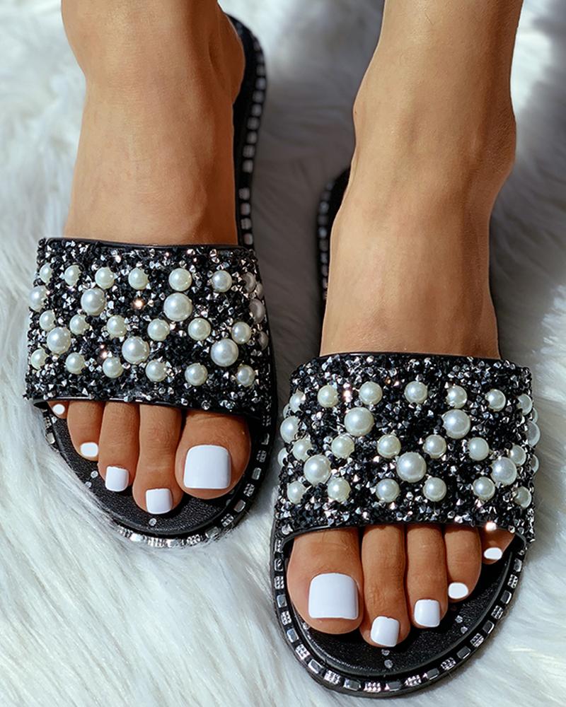 

Open Toe Beaded Studded Pattern Flat Sandals, Black