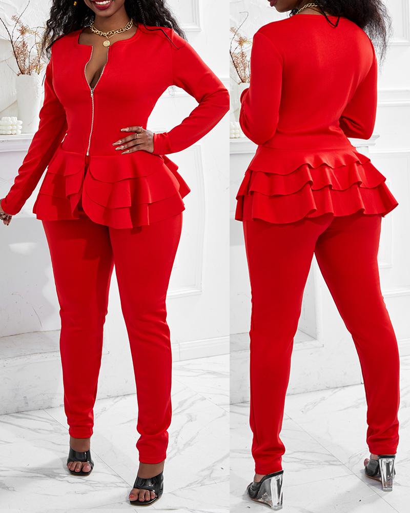 

Zipper Design Layered Ruffles Top & Pants Set, Red
