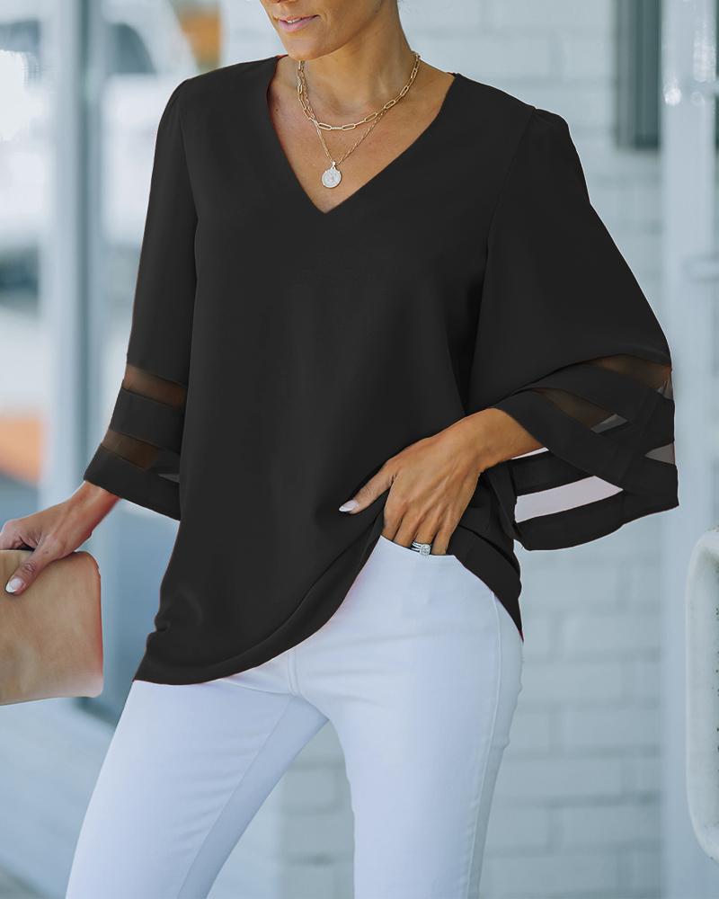 

Contrast Mesh Bell Sleeve Top, Black