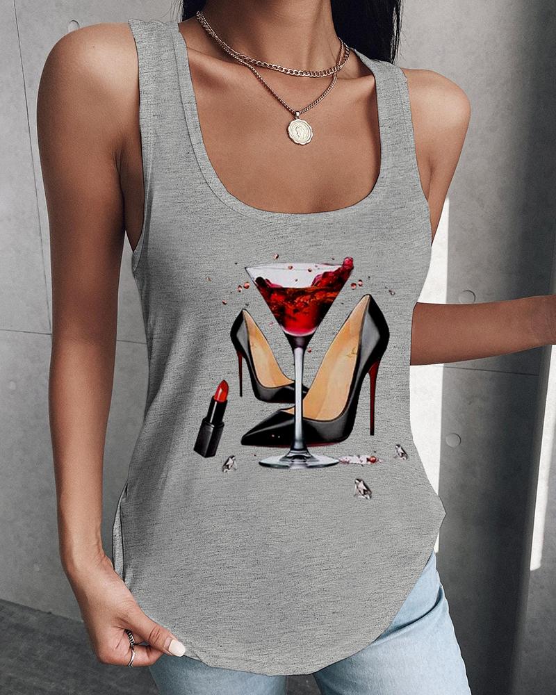 

Graphic Print U Neck Casual Top, Gray