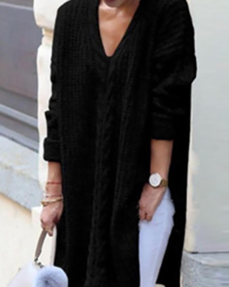 

Solid Long Sleeve Casual Slit Sweater, Black