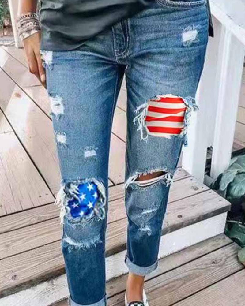 

Independence Day Flag Print Patchwork Ripped Jeans, Blue