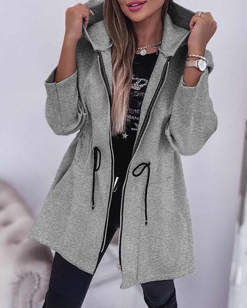 

Pocket Zipper Design Drawstring Hooded Coat, Gray