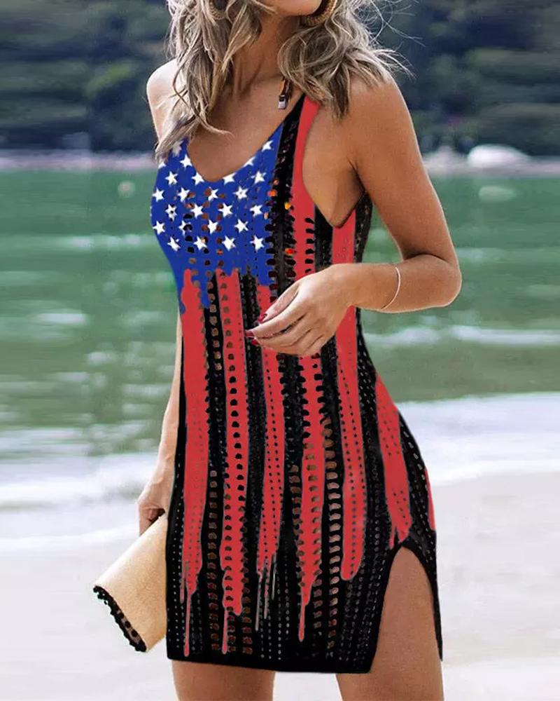 

Independence Day Flag Print Slit Crochet Cover Up Knit Dress, Black