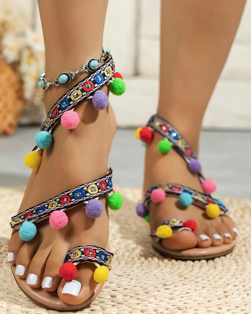 

Tribal Colorful Pom Pom Decor Beach Sandals, Multicolor