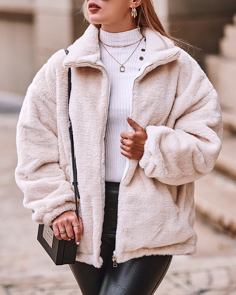 

Faux Fur High Neck Zipper Design Fuzzy Coat, White