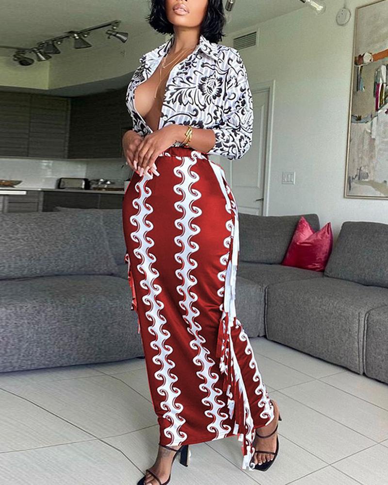 

Graphic Print Tassel Design Maxi Skirt, Red