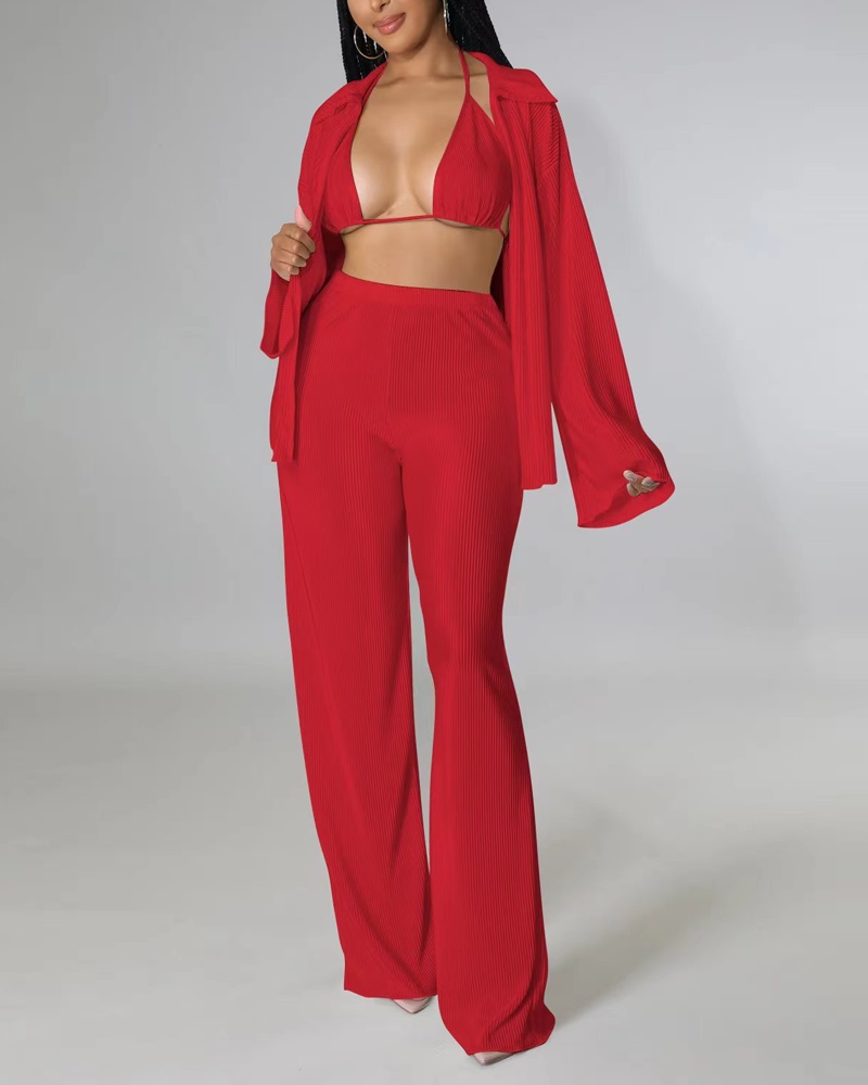 

3PCS Long Sleeve Shirt & High Waist Pants Set With Bra Top, Red