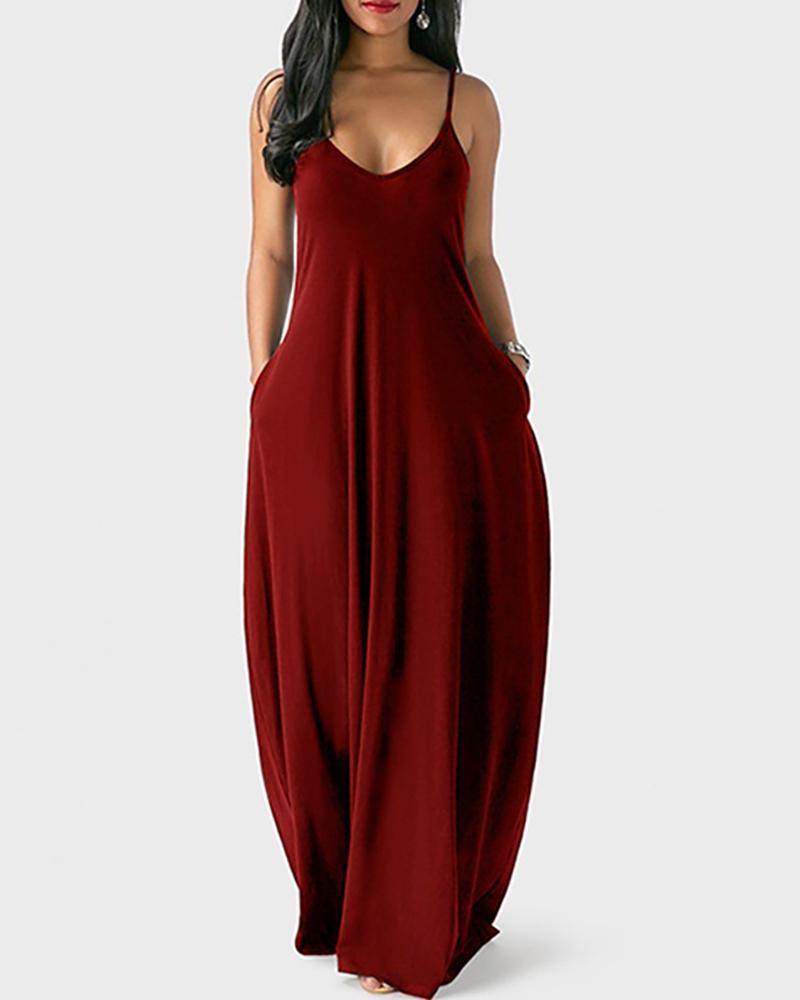 

Plus Size Pocket Design V-Neck Spaghetti Strap Maxi Dress, Wine red