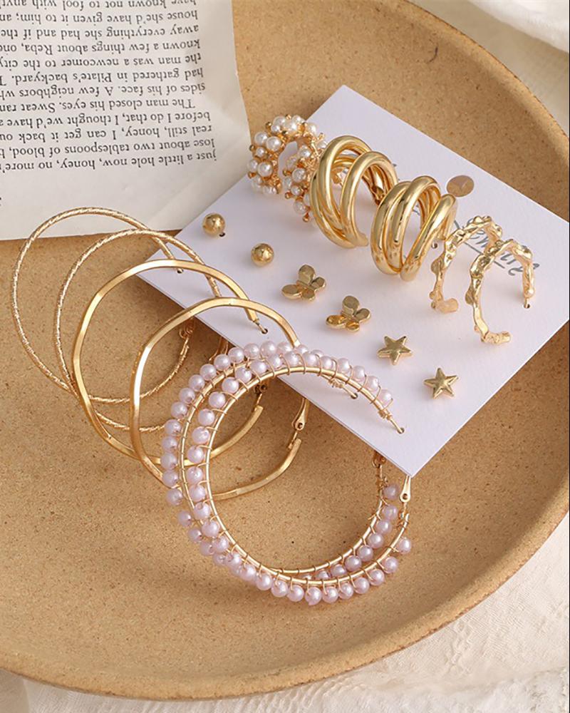 

9Pairs Beaded Decor Butterfly & Star & Circle Earrings Set, Gold