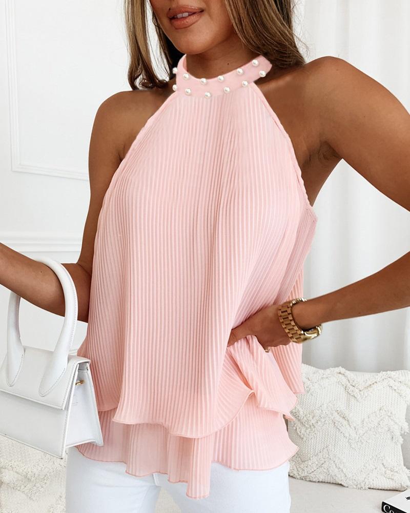 

Beaded Layered Halter Tank Top, Pink