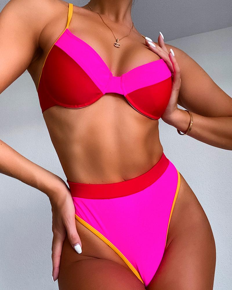 

Colorblock Strap Bikini Sexy Sets, Hot pink