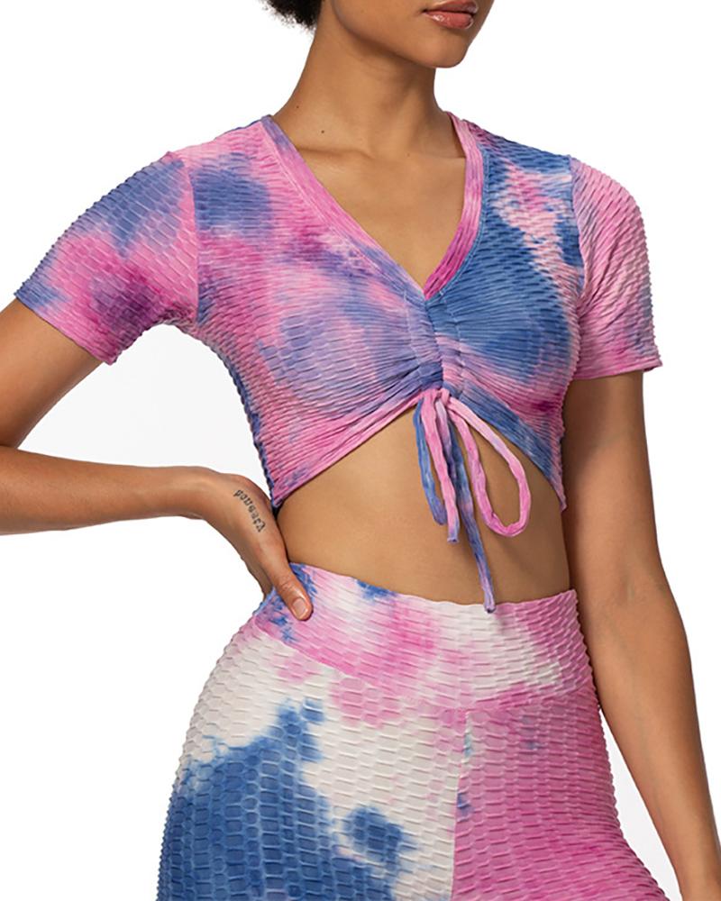 

Tie Dye Print Sports T-shirt Textured Drawstring Ruched Yoga Crop Tops, Purple