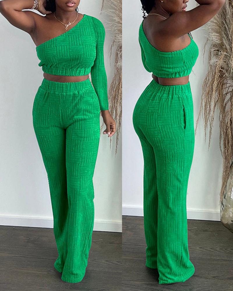 

One Shoulder Crop Top & Pants Set, Green