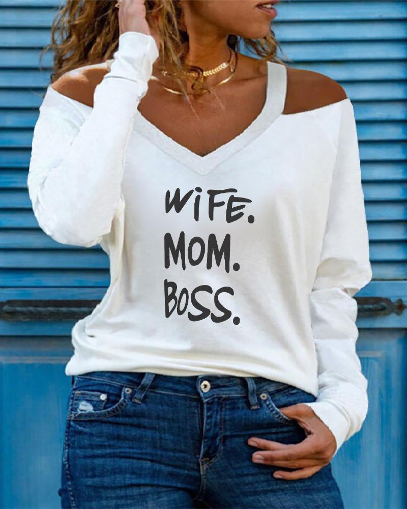 

Mother' Day Letter Print Long Sleeve Cold Shoulder Top, White