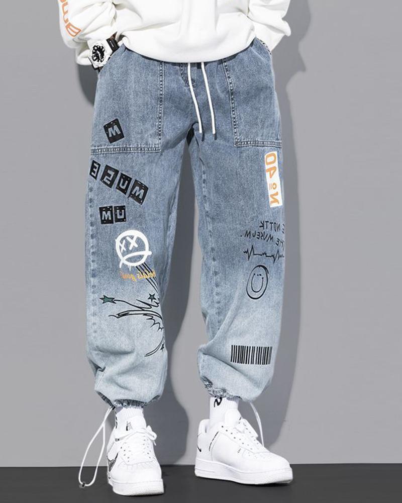 

Street Cartoon Print Baggy Harem Jean Pants, Blue