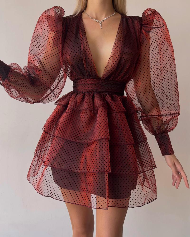 

Polka Dot Print Puff Sleeve Sheer Mesh Layered Dress, Wine red