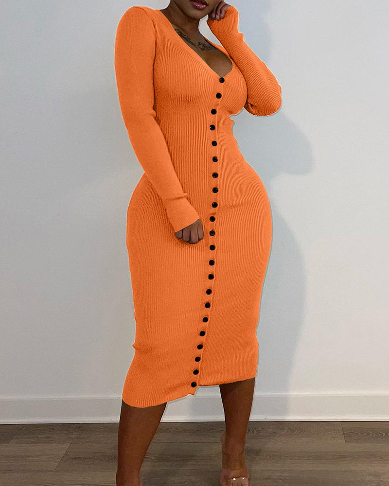 

V-neck Button Design Long Sleeve Casual Dress, Orange