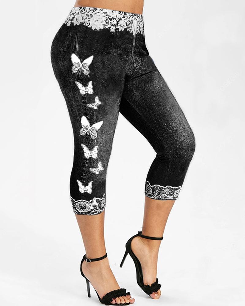 

Denim Look Butterfly Print High Waist Capris Leggings, Black