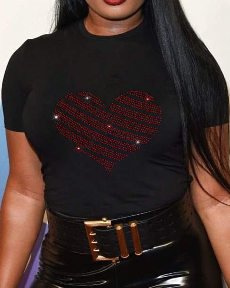 

Plus Size Rhinestone Heart Pattern Casual T-shirt, Black