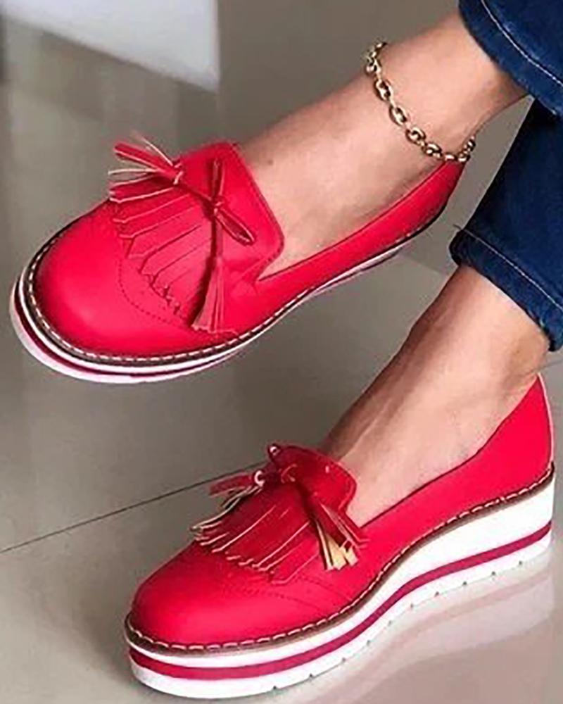 

Bowknot Tassel Design Slip On Muffin Loafers, Red