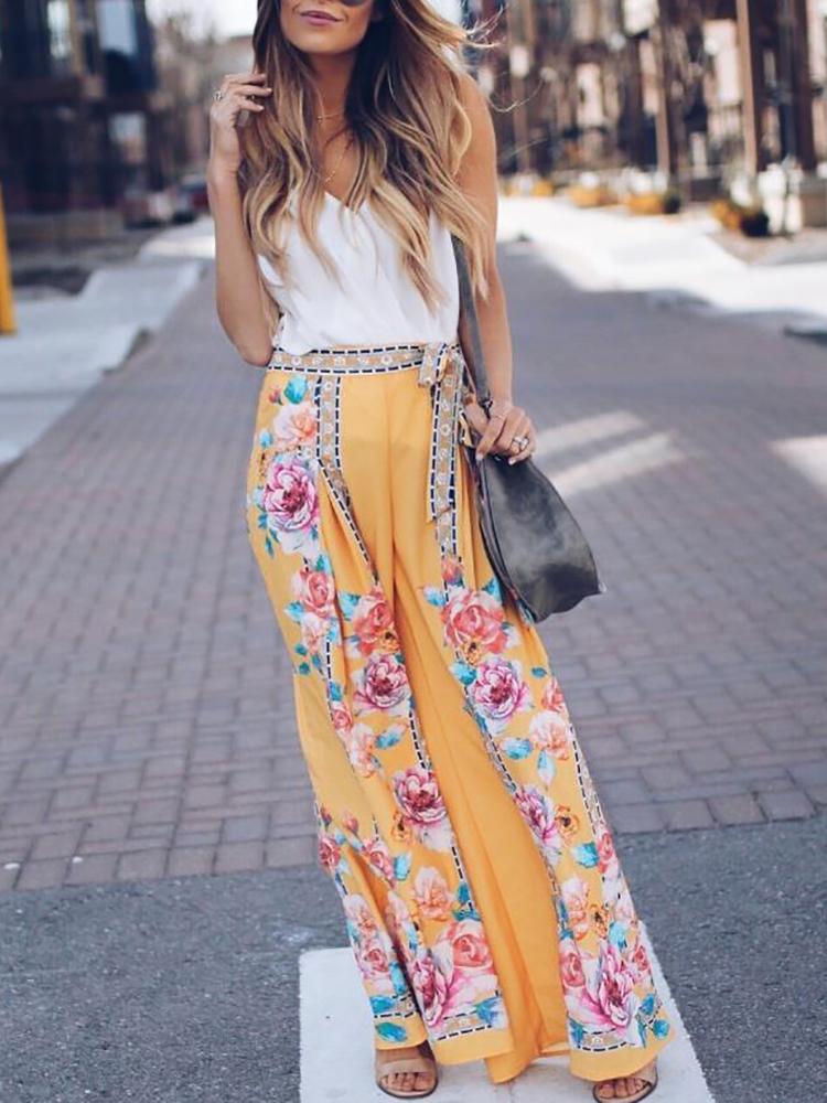 

Floral Print Wide Leg Belted Boho Pants, Yellow