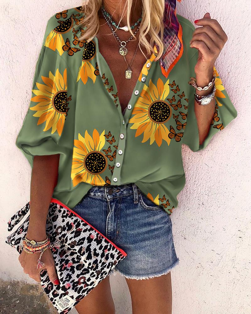 

Sunflower Butterfly Print Button Down Shirt, Green