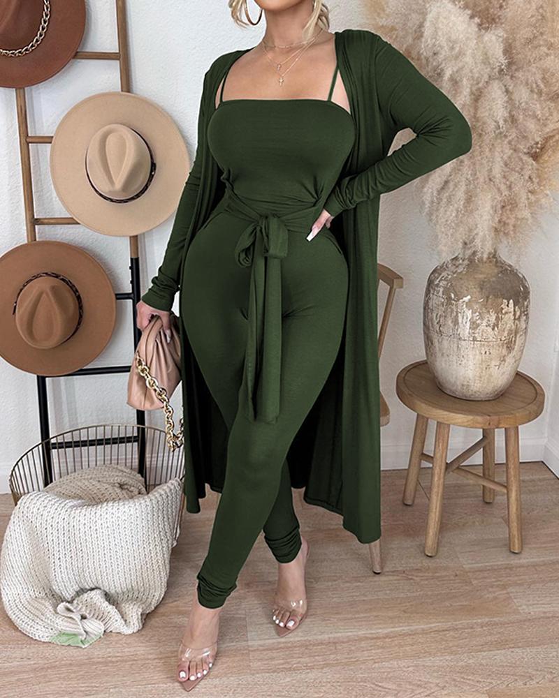 

Spaghetti Strap Tied Detail Jumpsuit & Longline Coat Set, Green