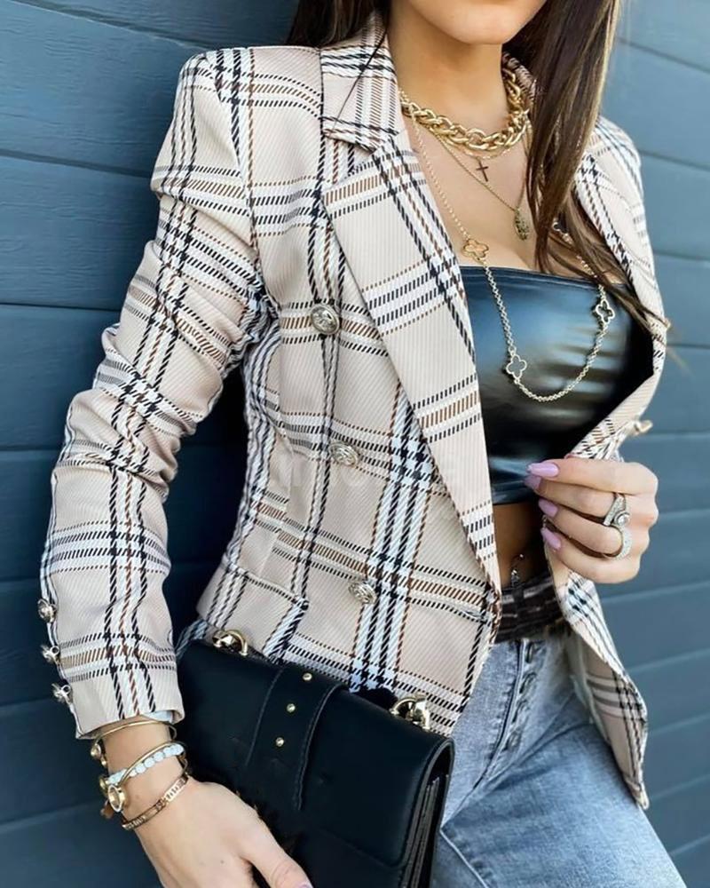 

Plaid Print Buttoned Long Sleeve Blazer Coat, Apricot