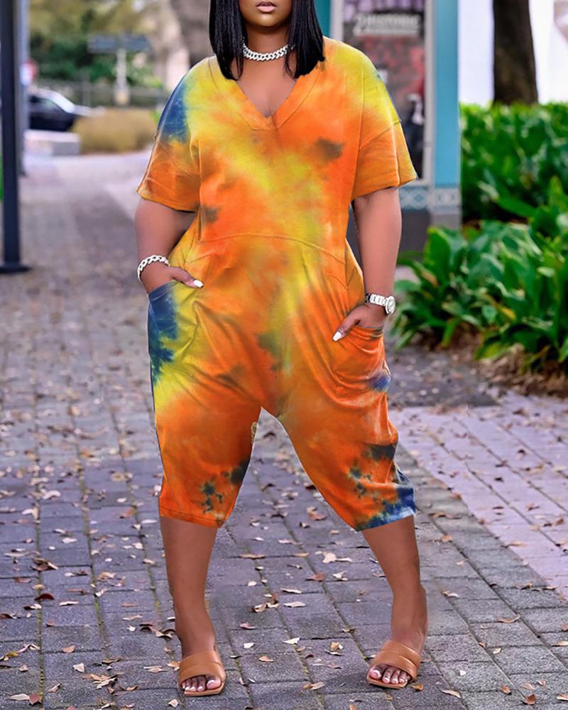 

Pocket Design Half Sleeve Tie Dye Print Casual Romper, Orange