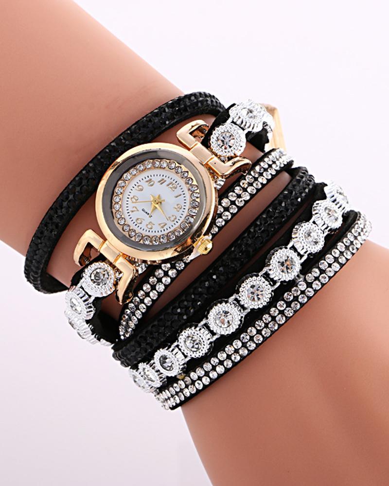 

1pc Allover Rhinestone Stackable Bangle Quartz Watch, Black