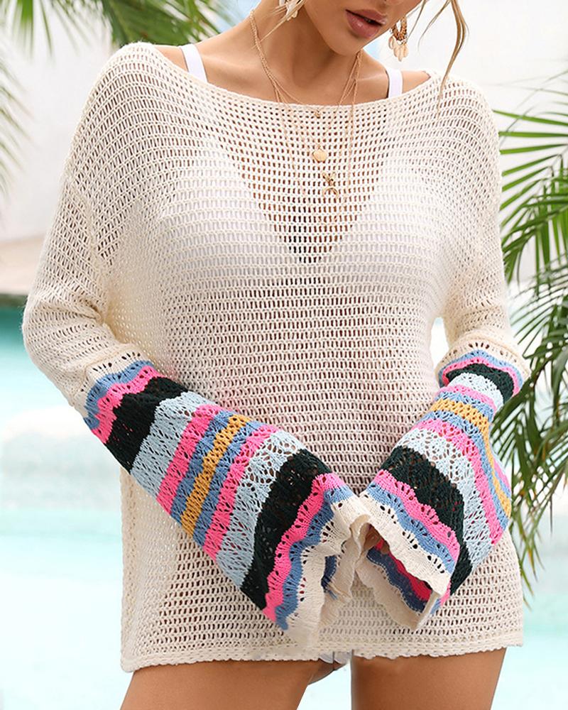 

Striped Bell Sleeve Crochet Cover Up, Apricot
