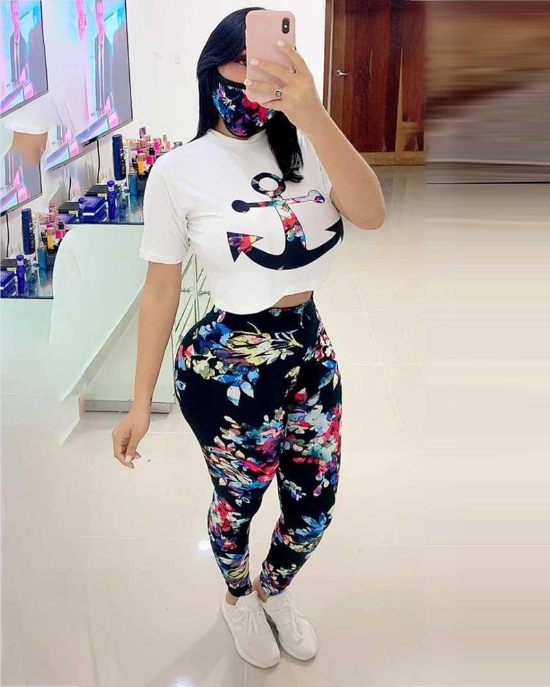 

Tie Dye Boat Anchor Print Top & Pants Set With Bandana, Black