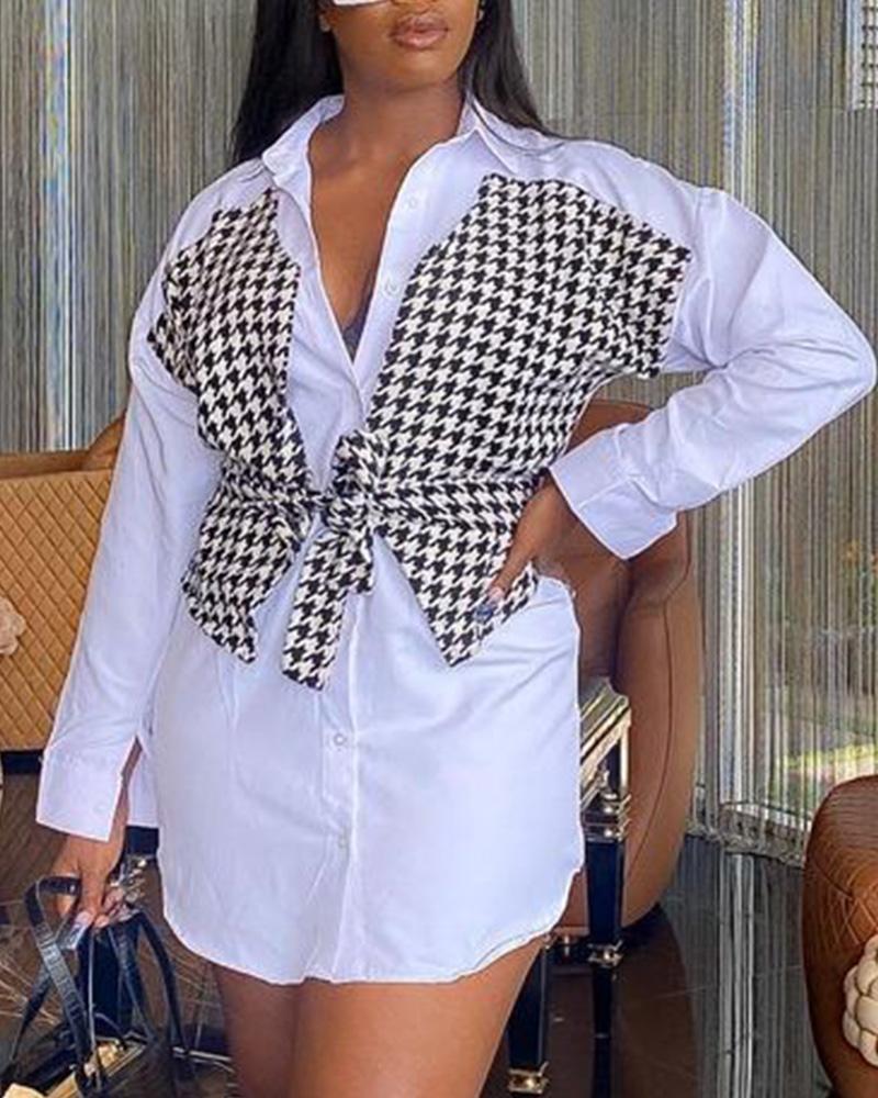 

Houndstooth Print Patch Button Down Shirt Dress, Blackwhite