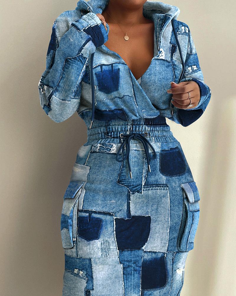 

Denim Look Print Drawstring Hooded Sweatshirt Dress, Blue