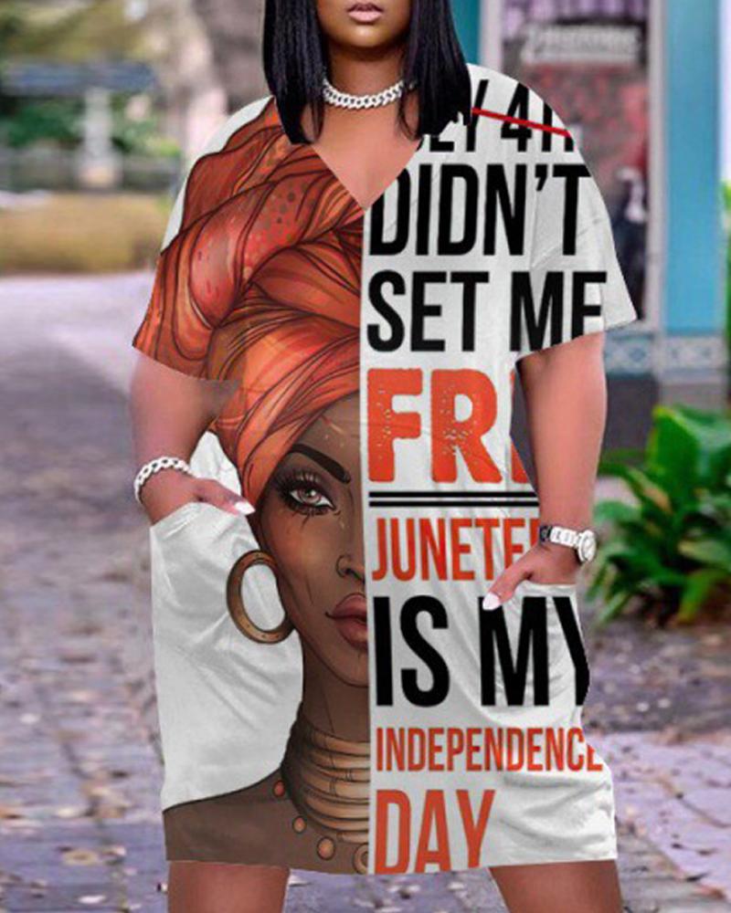 

Plus Size Figure Letter Print Pocket Detail Casual Dress, Gray