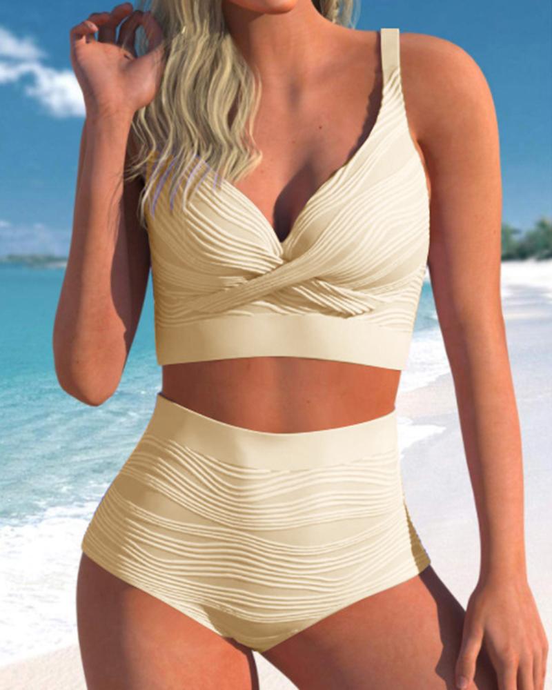 

Cross Front Ruched V-Neck Bikini Set, Apricot