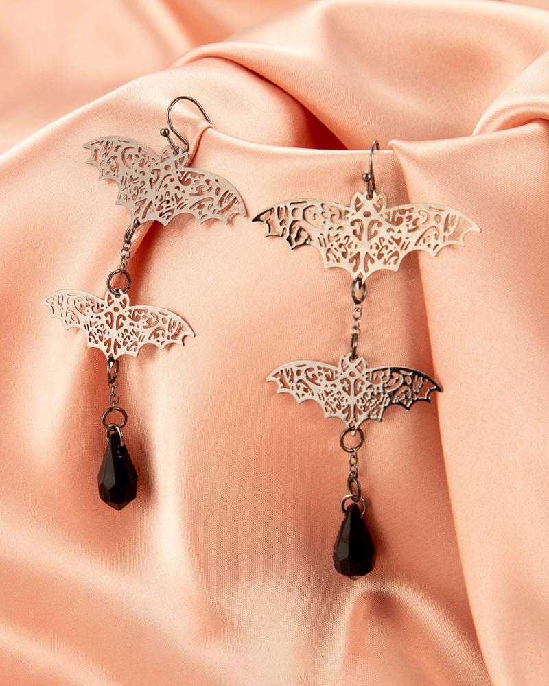 

Halloween Gothic Bat Spider Pattern Rhinestone Drop Earring, Style1