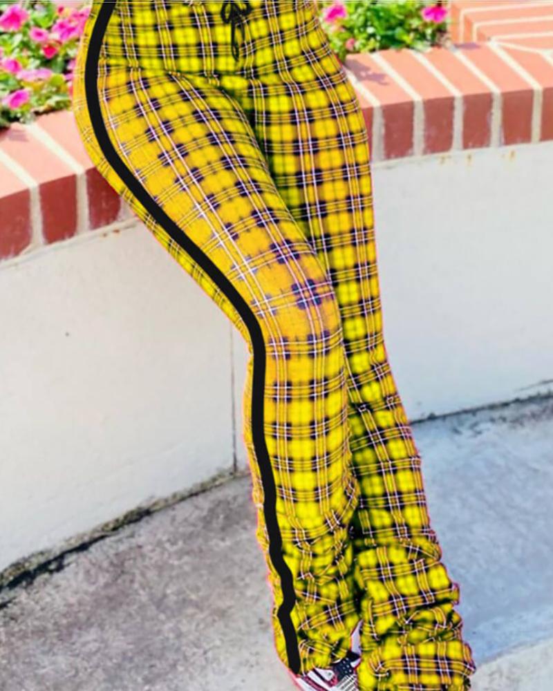 

Plaid Print Drawstring High Waist Pants, Yellow