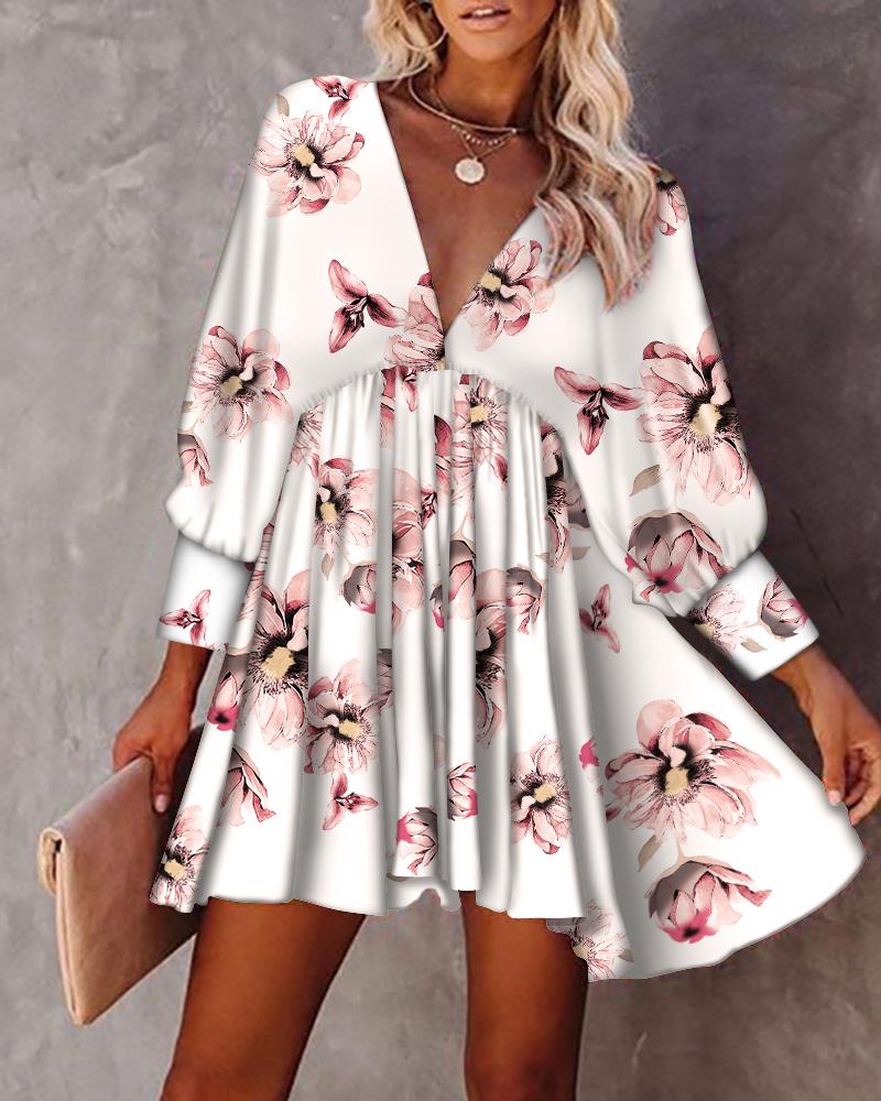 

Floral Print V-Back Tied Detail Casual Dress, White